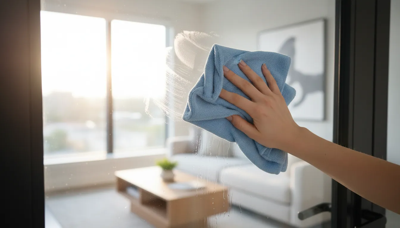 Persoană șterge cu o lavetă moale panoul din sticlă la o ușă de interior