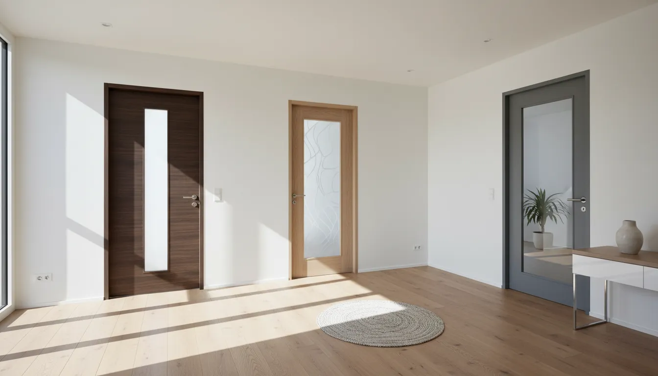 Hol de apartament cu diverse modele de uși de interior, fiecare având panou din sticlă mată, sablată sau transparentă