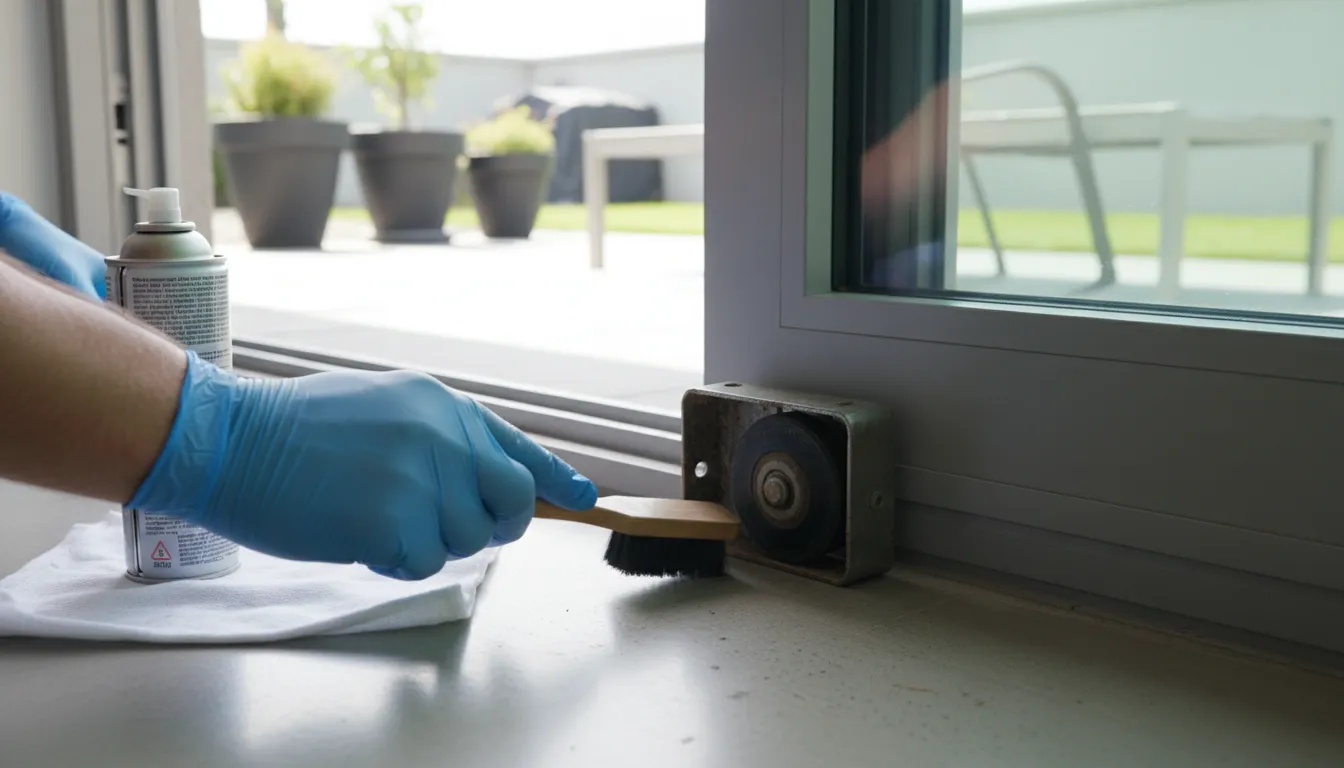 Mână care curăță și verifică rola unei uși glisante din sticlă