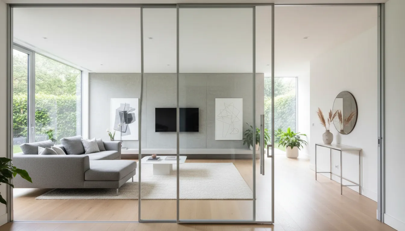 Ușă glisantă din sticlă delimitând două spații în interiorul unei case moderne