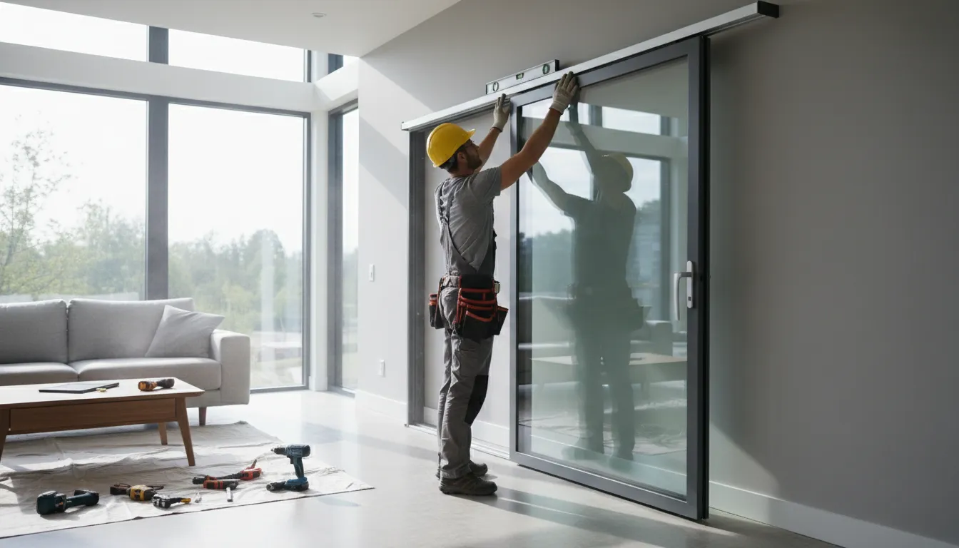 Tehnician montând o ușă glisantă din sticlă pe sistem cu șină la interior