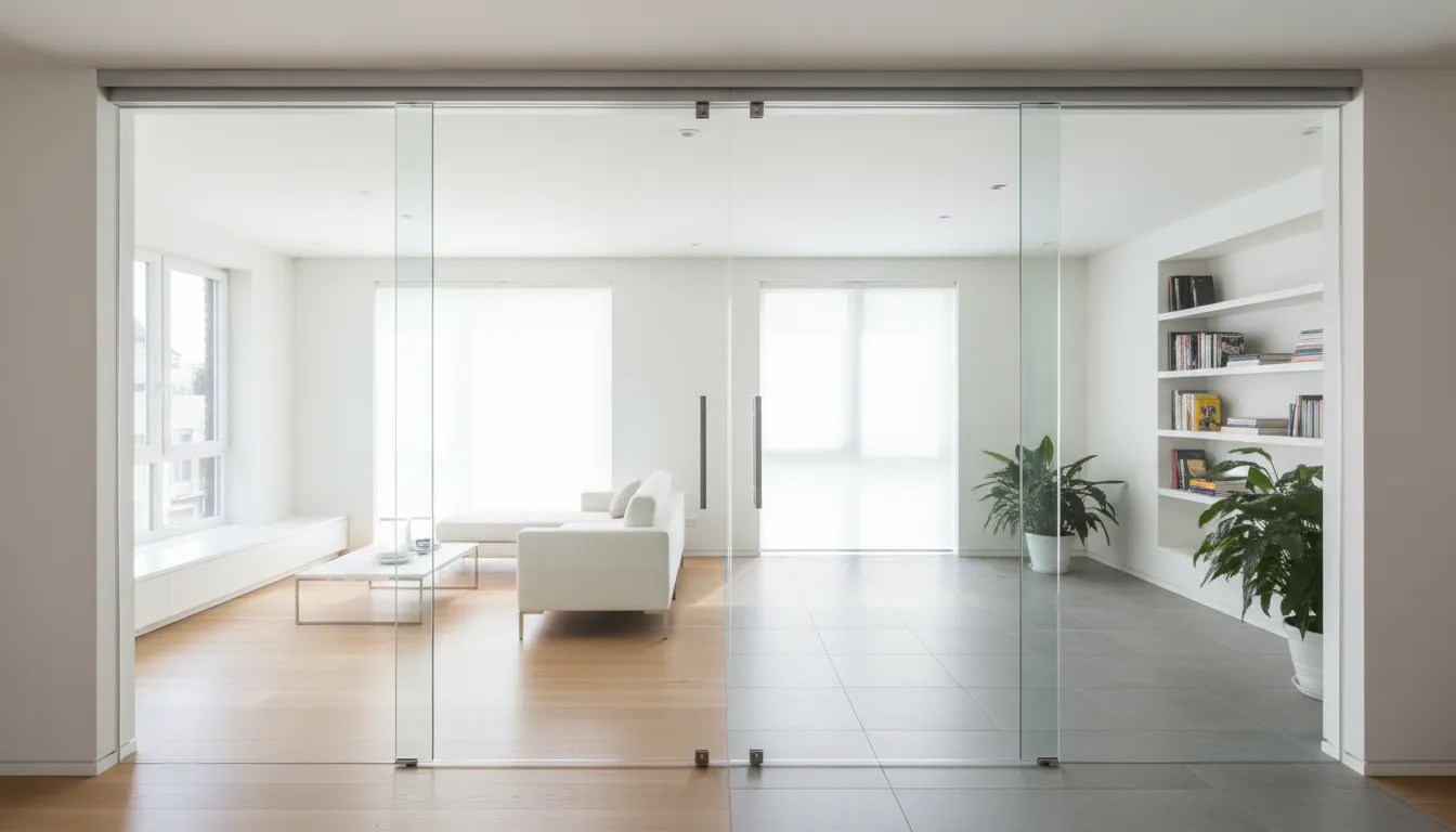 Ușă glisantă din sticlă transparentă instalată între două camere luminoase într-o locuință modernă