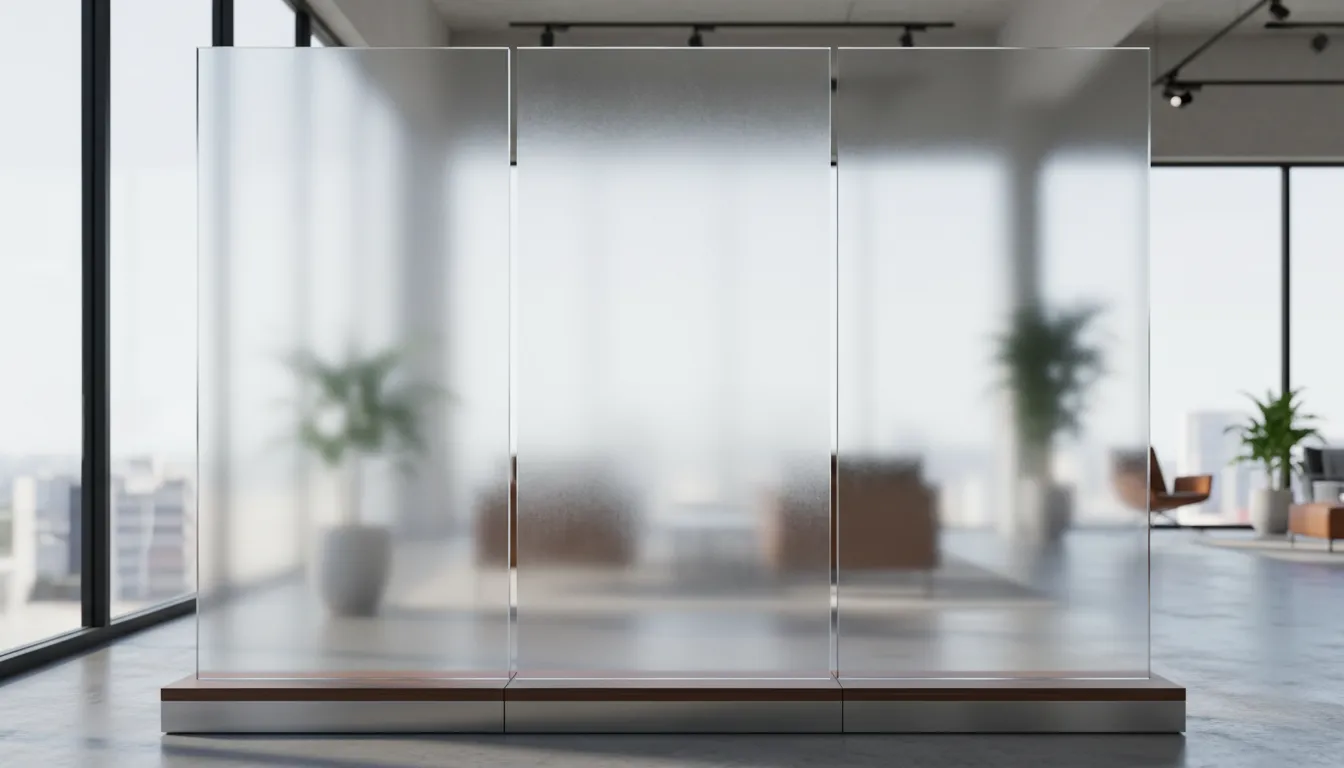 Exemple de panouri sticlă mată, sablată, transparentă în expunere în showroom