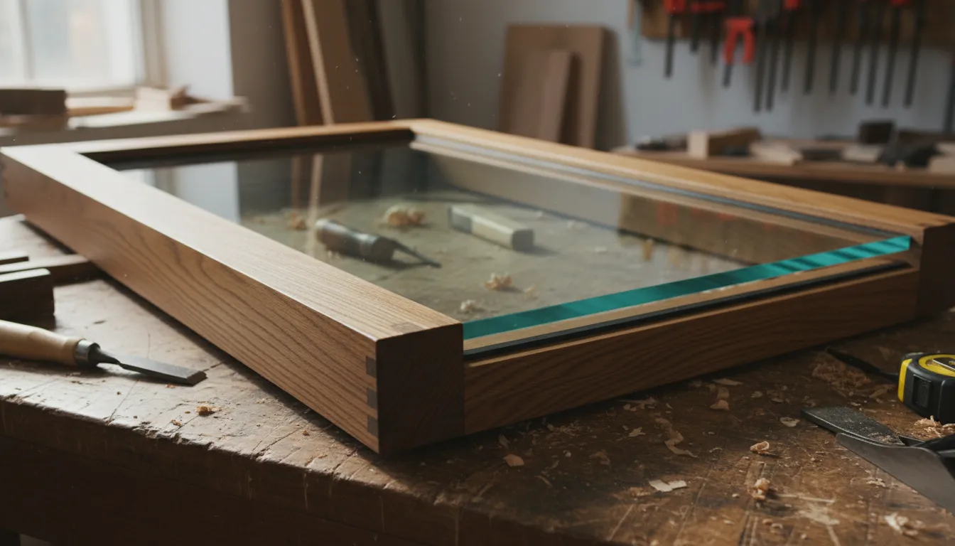 Secțiune transversală a unei uși de interior cu panou din sticlă securizată și ramă de lemn