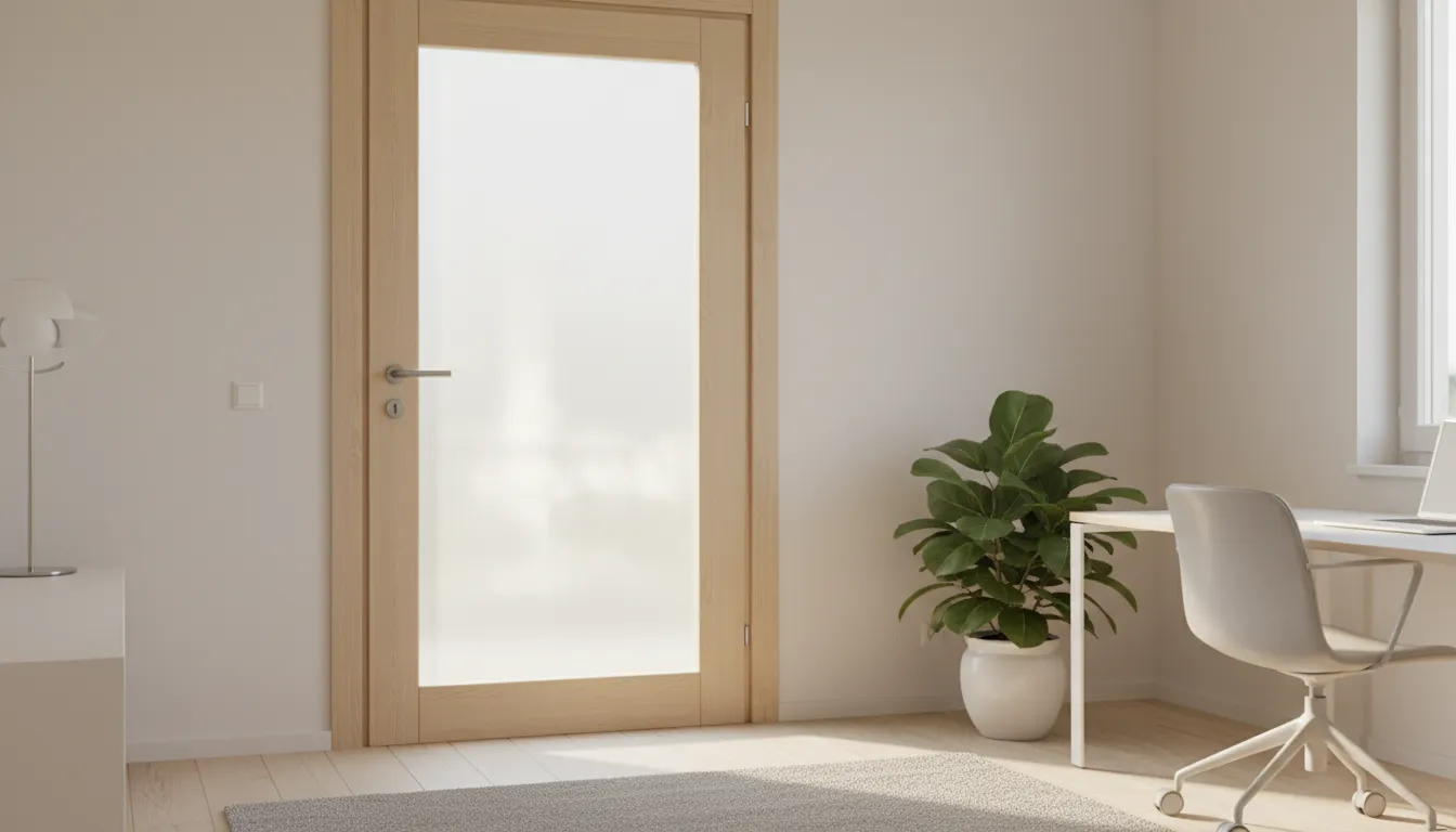 Ușă de birou cu panou mare de sticlă mată, lumină naturală prin fereastra camerei