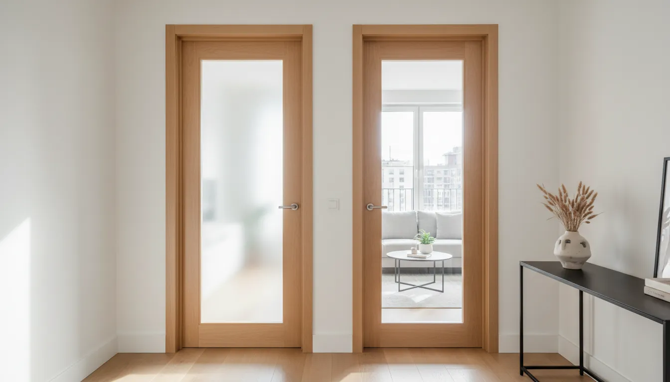 Două uși de interior cu panouri din sticlă mată și transparentă într-un hol luminos de apartament