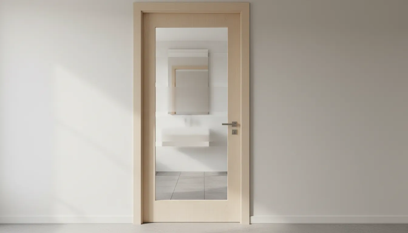 Ușă de interior cu inserții de sticlă sablată pentru a proteja intimitatea în baie