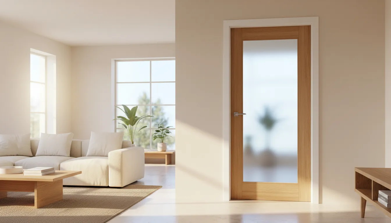 Ușă din lemn cu panou de sticlă mată centrală într-un living luminos
